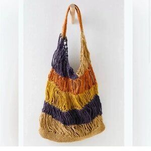 Free People A Day in Ibiza raffia straw macrame crochet tote bag